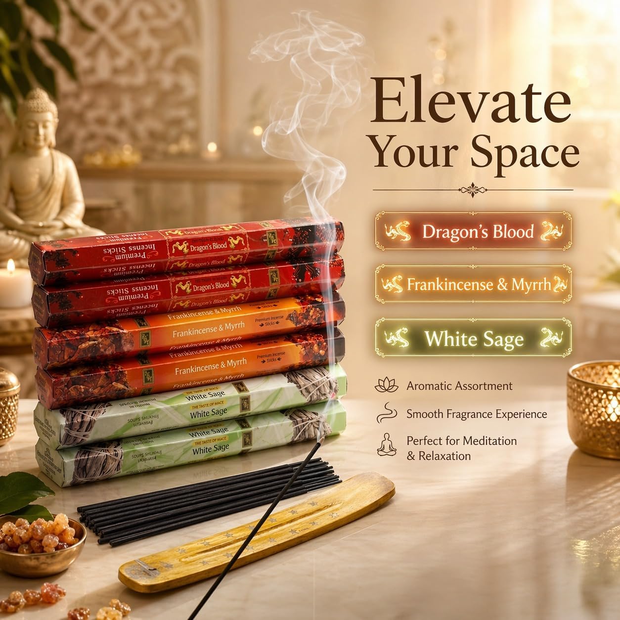 Incense Sticks Variety Pack | Dragon’s Blood, Frankincense & Myrrh & White Sage -120 Sticks | with Free Wooden Holder | Smudging Kit for Home Fragrance, Meditation & Yoga | Krishnascents
