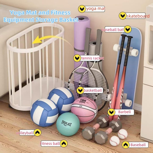 Yoga Mat Storage Rack with 360° Rotating Wheels, Home Gym Equipment Organizer, for Skateboard, Basketball, Tennis Racket, Barbell, Large-capacity Storage Basket for Household Toys Clothes