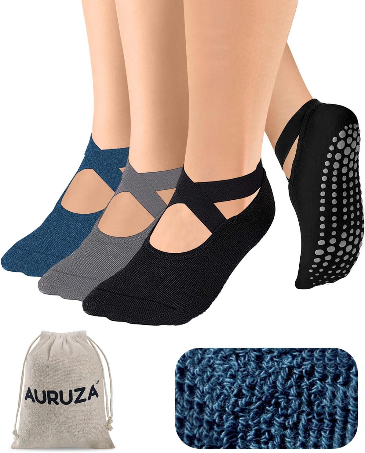 AURUZA Pilates Grip Socks for Women Non Slip Skid Yoga Socks with Grips Straps for Ballet Dance Workout Gripper Sock
