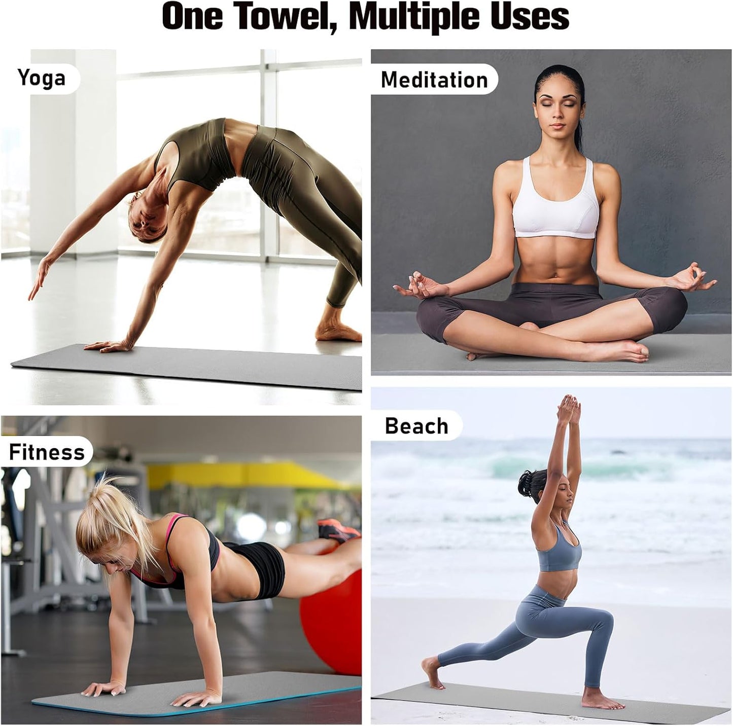 MoKo Hot Yoga Towel, Non-Slip Yoga Mat Towel with Grip Dots, 74.4"×27.3" Yoga Mat Cover for Pilates, Fitness, Meditation, Swimming Pool, Beach, Travel Yoga Mat with Corner Pockets, Gray