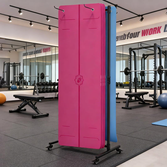 Hanging Yoga Mat Holder, Metal Double Sided Yoga Mats Storage Cart on Wheels, Floor Standing Pilates Mat Rack for Home Gym, Exercise, Yoga Studio, with Punching Tool