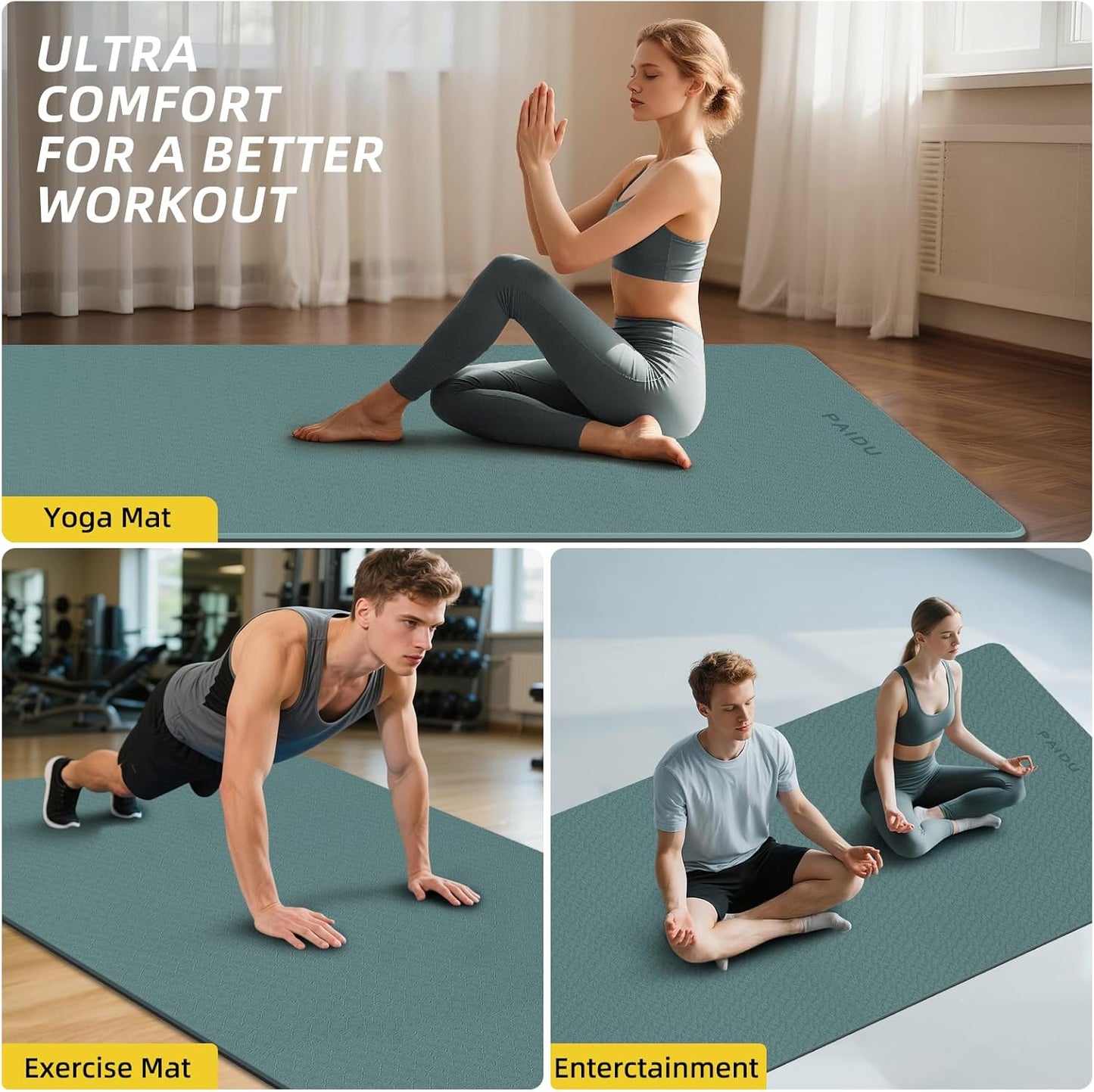 PAIDU Extra Long Wide Yoga Mat 76"x33"x2/5 Inch - Non Slip Thick Exercise Mat for Home Gym, Yoga, Pilates & Workouts
