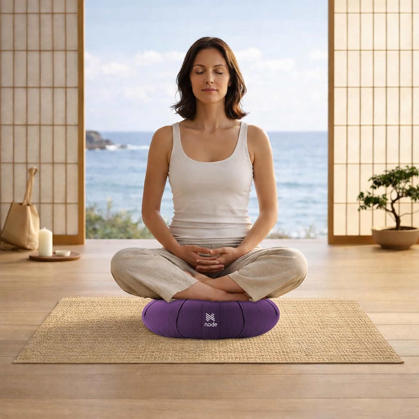 Zafu Meditation Cushion, 15" Round Buckwheat Yoga Pillow with Organic Cotton Cover - Purple