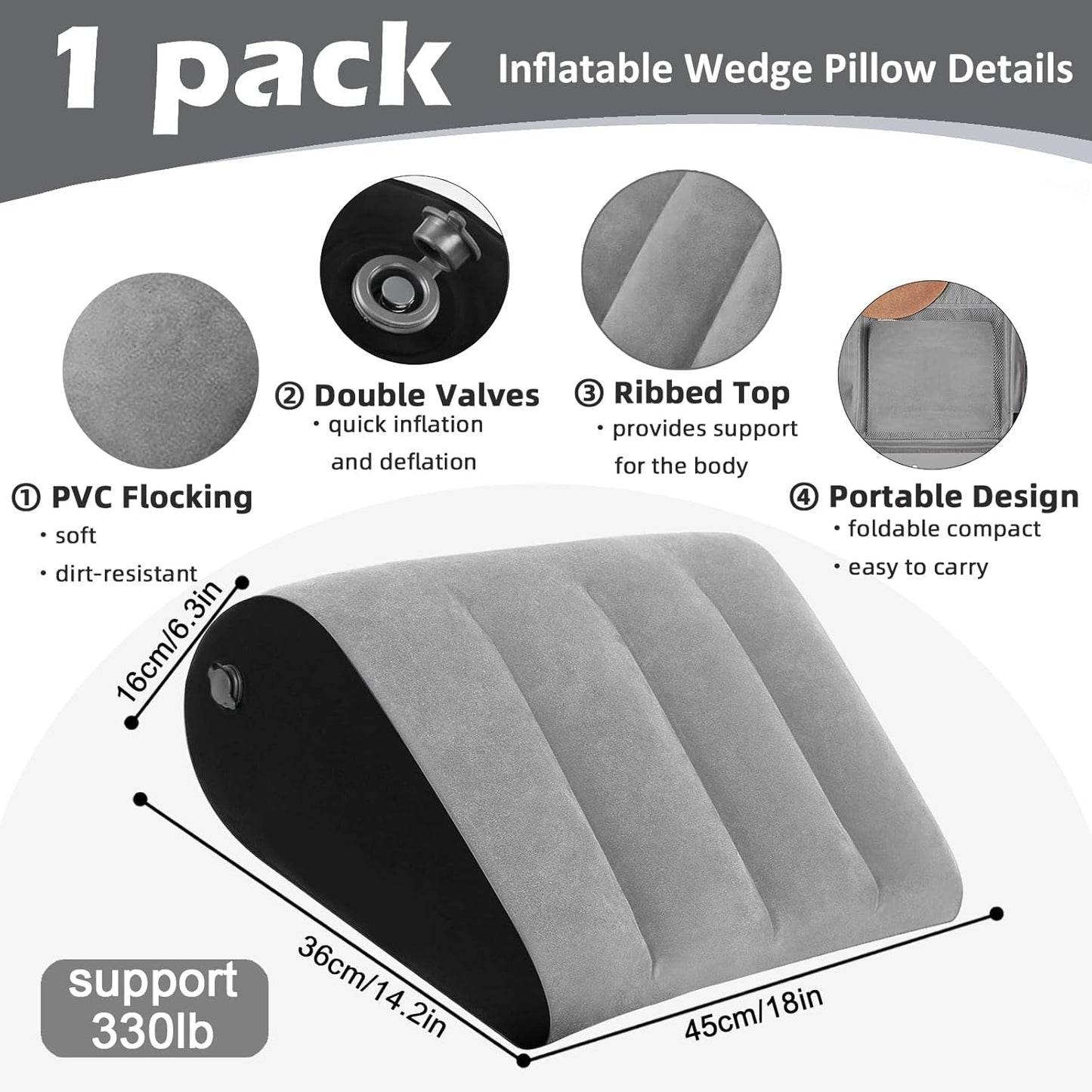 Prosixtoy Portable Wedge Pillow Inflatable Cushion - Body Positioners Lightweight Wedge Pillow for Sleeping, Leg Elevation, Use in Bed, Travel, Camping, Fast Inflating Deflation (Black)