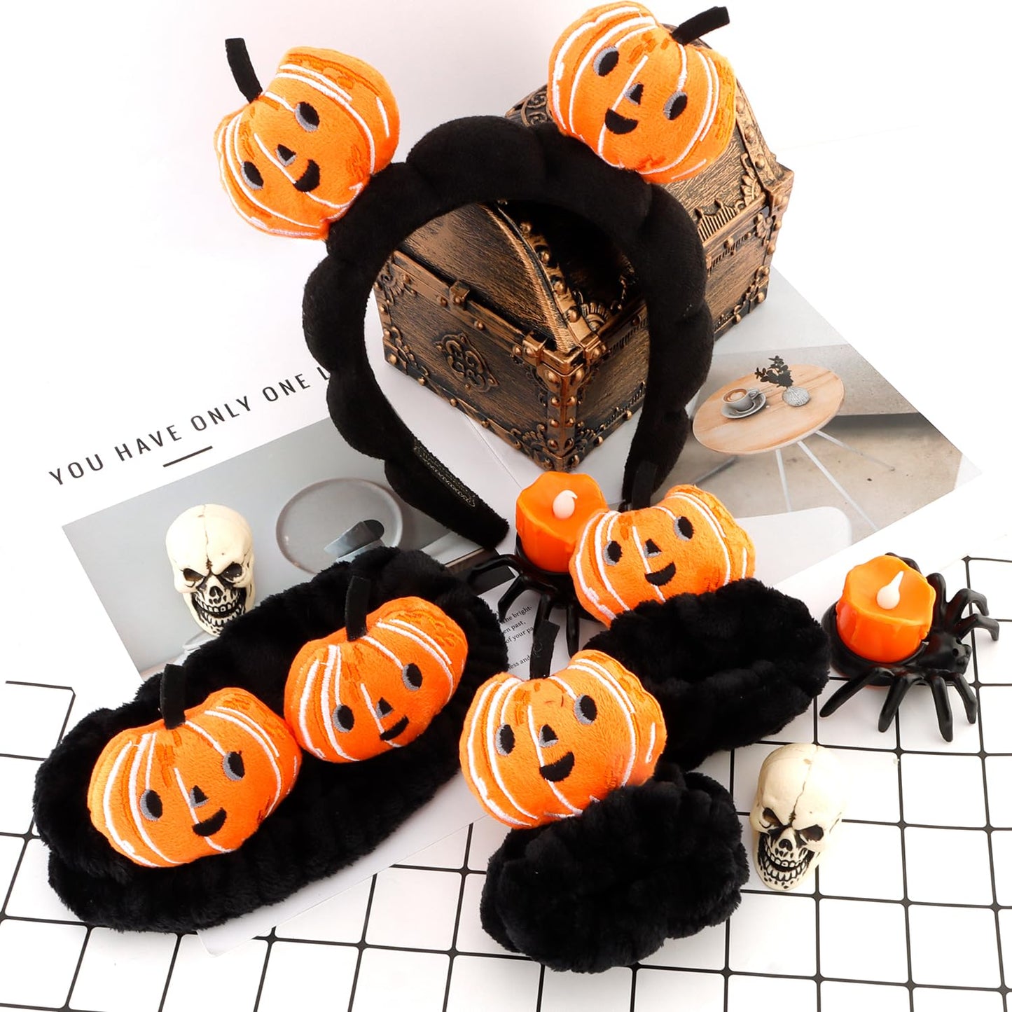 CUBACO 4 Pcs Skincare Headbands for Face Washing Cute Halloween Pumpkin Spa Headband and Wristband Set for Women Fluffy Makeup Headband for Women Girls Makeup Sports Shower Pumpkin Hair Accessories