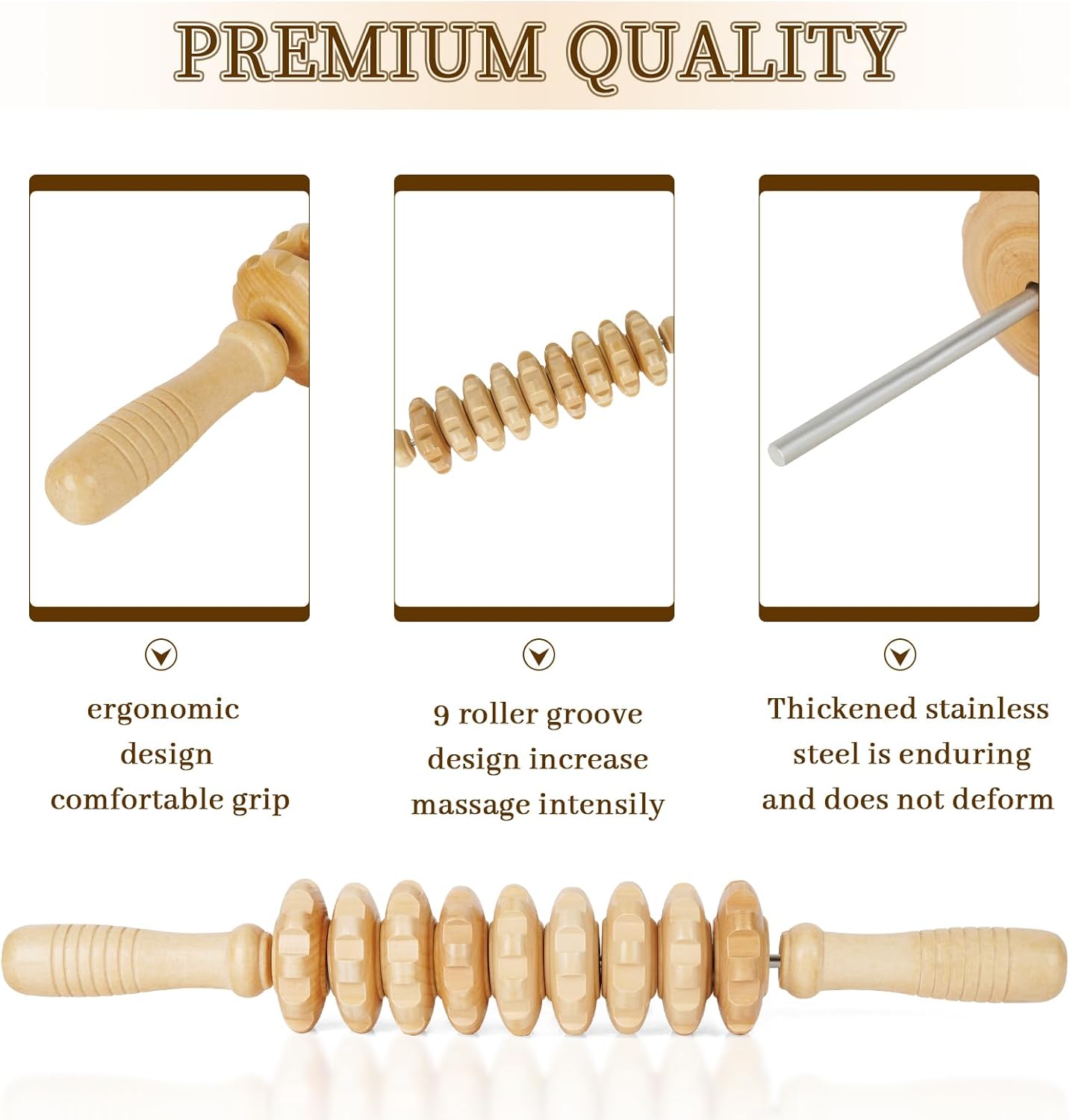 Liitrton Manual Wooden Fascia Massage Roller Trigger Points for Release Cellulite Sore Muscle Blasting (Straight-9-Wheel)