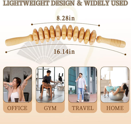 Liitrton Manual Wooden Fascia Massage Roller Trigger Points for Release Cellulite Sore Muscle Blasting (Straight-9-Wheel)