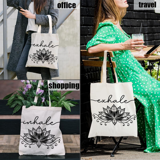Inhale Exhale Tote Bag Gifts for Women Girl Yoga Lover Meditation Gift, Lotus Flower Zen Canvas Tote Bag Double-Sided Print Bags