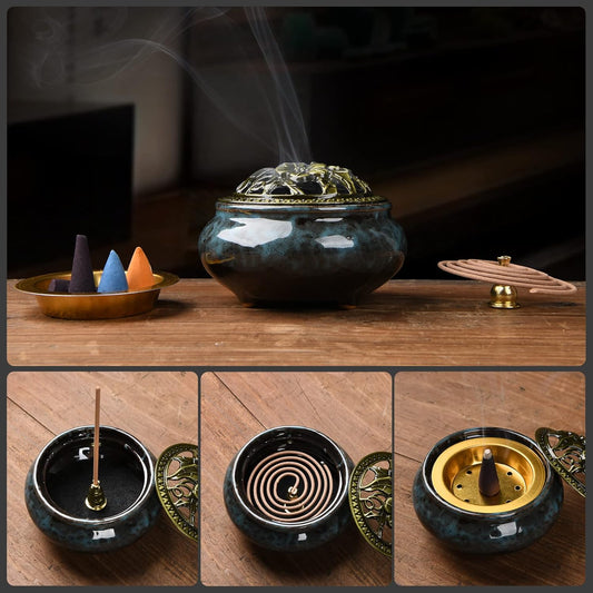 Ceramic Incense Burner with Incense Holder+ Fireproof Cotton,Handmade Smudging Burn Bowl for Stick or Coil Incense,Sage Cones,Frankincense and Mosquito Incense (Enamel)