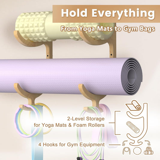 Wooden Yoga Mat Holder Wall Mount, Yoga Mat Storage Rack, Home Gym Equipment Organizer, Wall Mount Workout Storage Holder for Hanging Foam Rollers and Resistance Bands