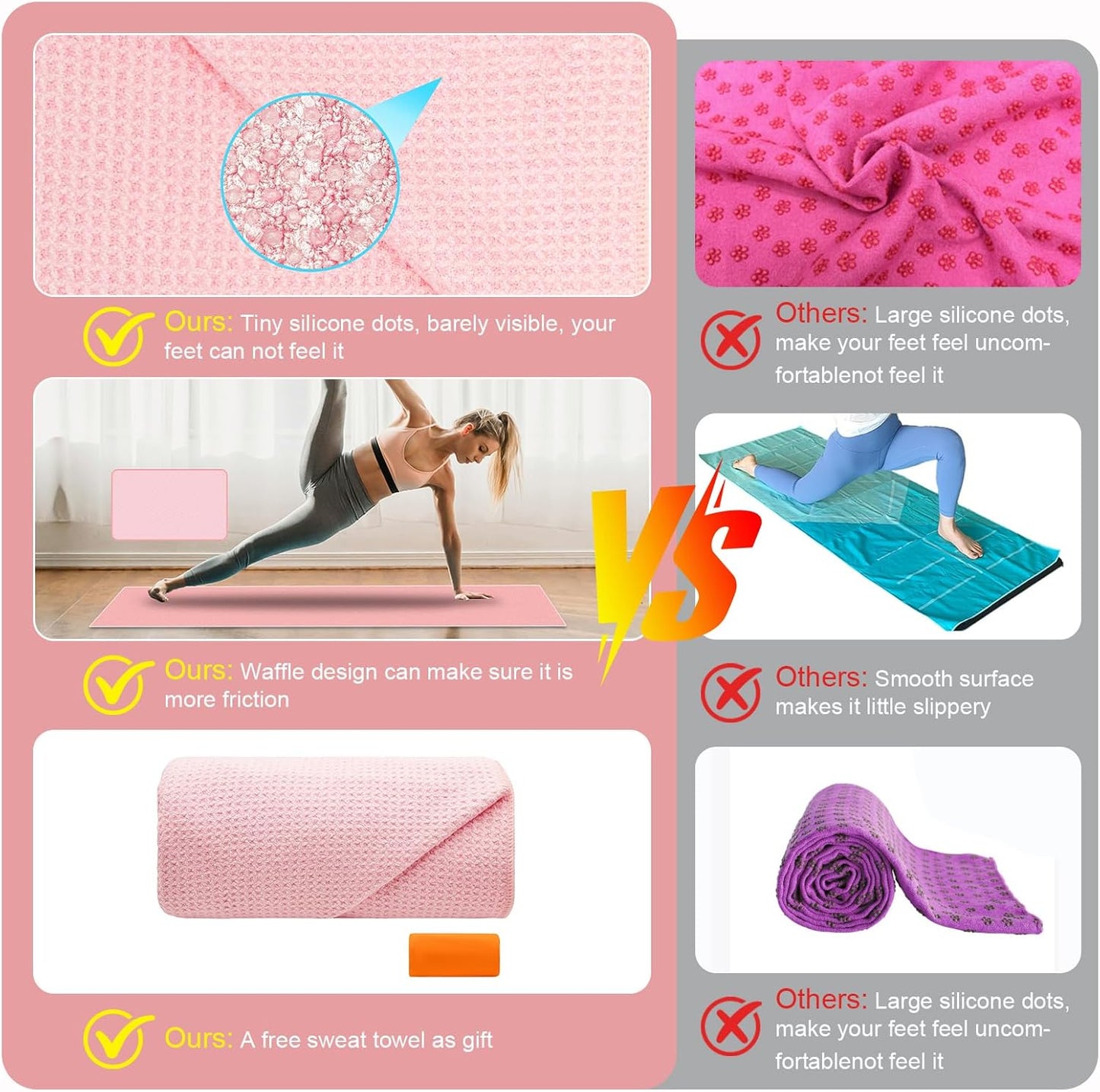 Yoga Mat Towel Non Slip for Hot Yoga, with a Sweat Towel, Anti-Slip Silicone Grip Dot, Waffle Fiber 400GSM,72'' x 25'' Mat Size,Grippy Yoga Mat Towel, Soft Absorbent for Hot Exercise,Bikram,Pilates