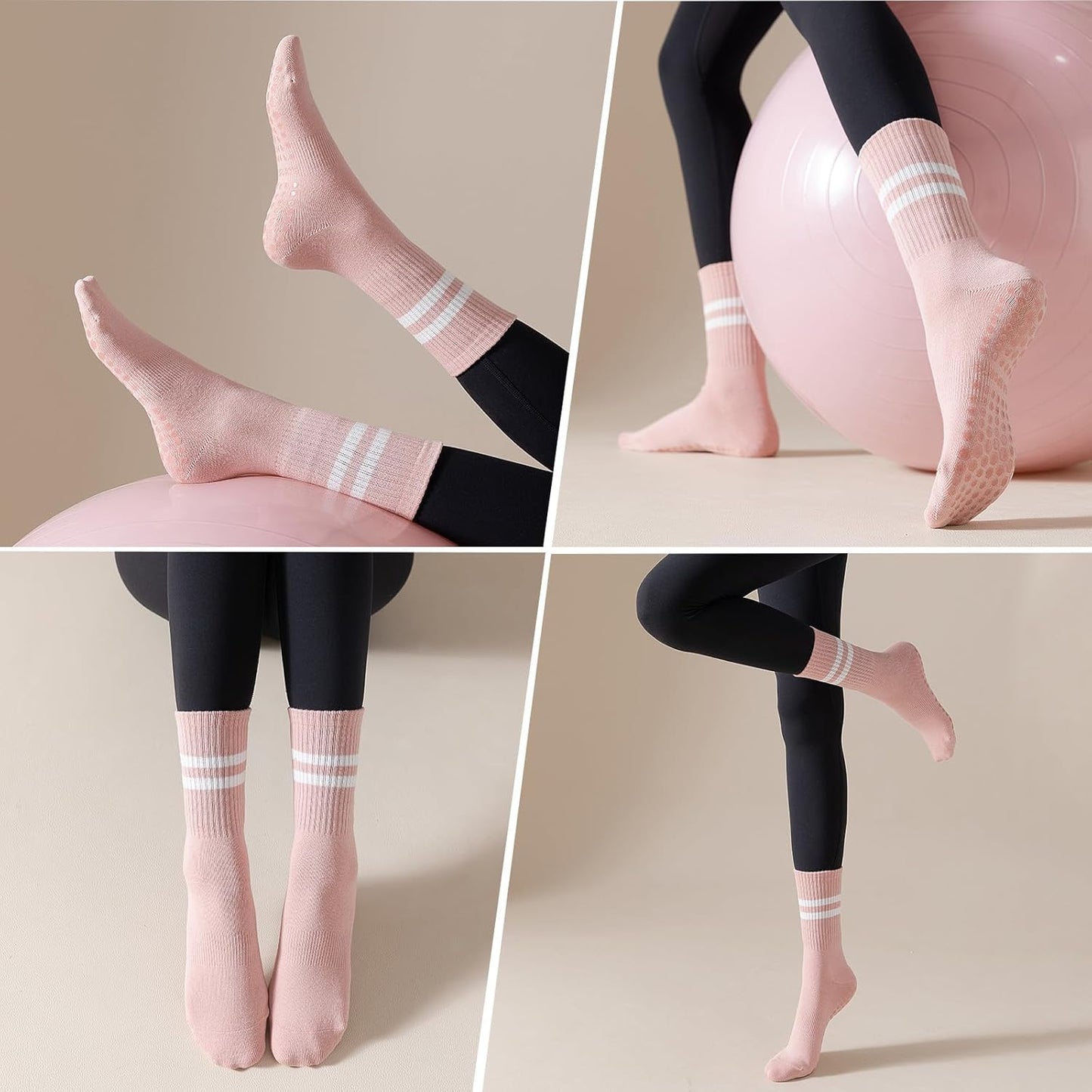 TOAMOUR 4 Pairs Pilates Socks with Grips for Women, Non Slip Yoga Athletic Ballet Barre Dance Workout Crew Socks