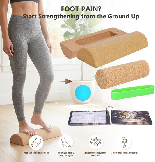 Cork Balance Board, Premium Cork 4-in-1 Foot & Ankle Strengthener Kit, Balance Trainer with Massage Roller & Ball, Toe Resistance Bands, Carrying Bag, Exercise Guide & Training Log for Mobility, Balance & Foot Function