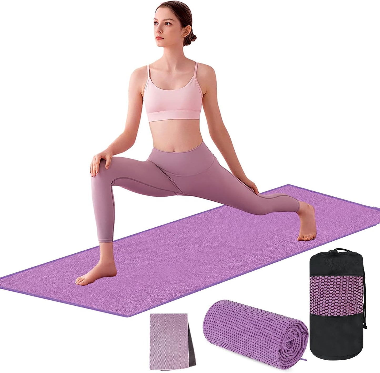 flintronic Yoga Towel, Yoga Mat Towel with Grip Dots, Microfiber Yoga Blanket Towels, Soft & Breathable, with Quick Dry Towels and Mesh Carry Bag, for Bikram, Pilates and Workout, 24" x72", Purple