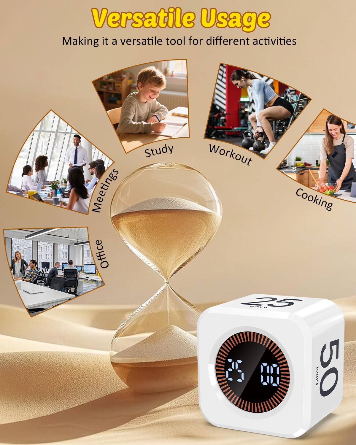 Digital Pomodoro Timer Cube 5/10/25/50min, Visual Productivity Flip Timer for Kids Classroom Desk, Custom Countdown, Silent and Sound Mode for ADHD Study Work Game Kitchen (Black)