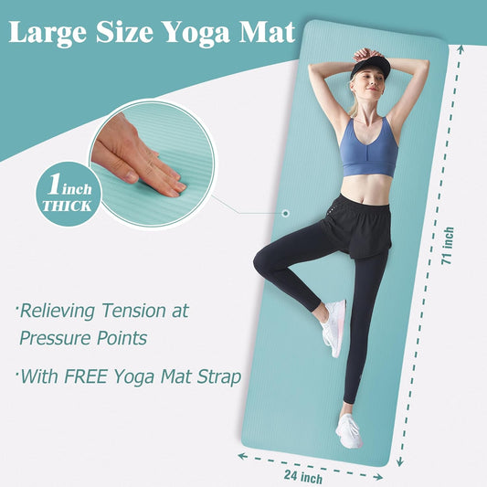 Fitvids 1 Inch Thick Yoga Mat 71x24 Inch - Non Slip Workout Mat with Carry Strap, Multiple Colors - Versatile Exercise Mat for Home, Gym, Pilates, Meditation - For All Skill Levels