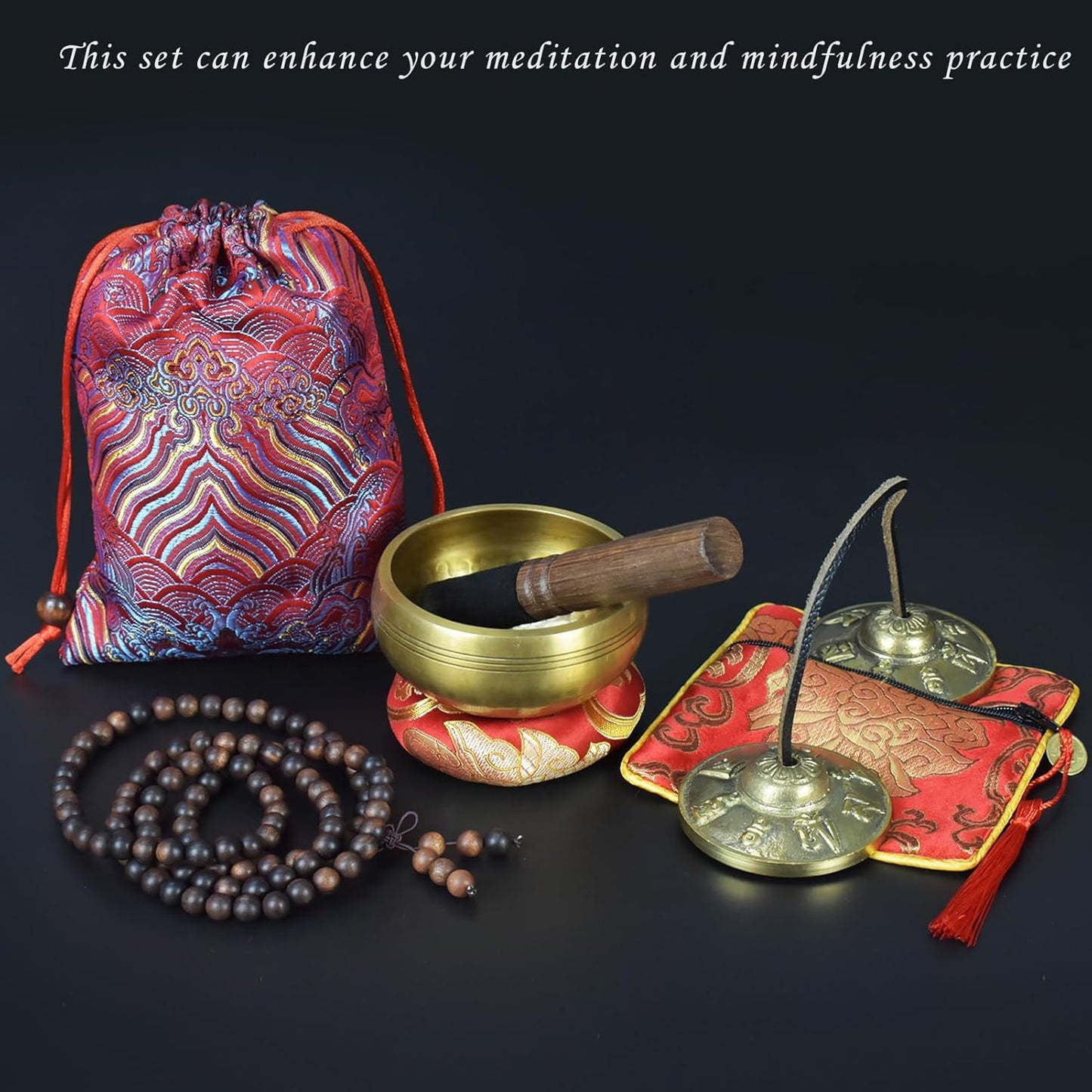 Artcome 7PCS Tibetan Meditation Set - Tibetan Singing Bowl & Tibetan Tingsha Cymbals Bells Handmade in Nepal for Meditation, Yoga, Tranquility, Relaxation, Chakra Healing, Stress Relief & Mindfulness