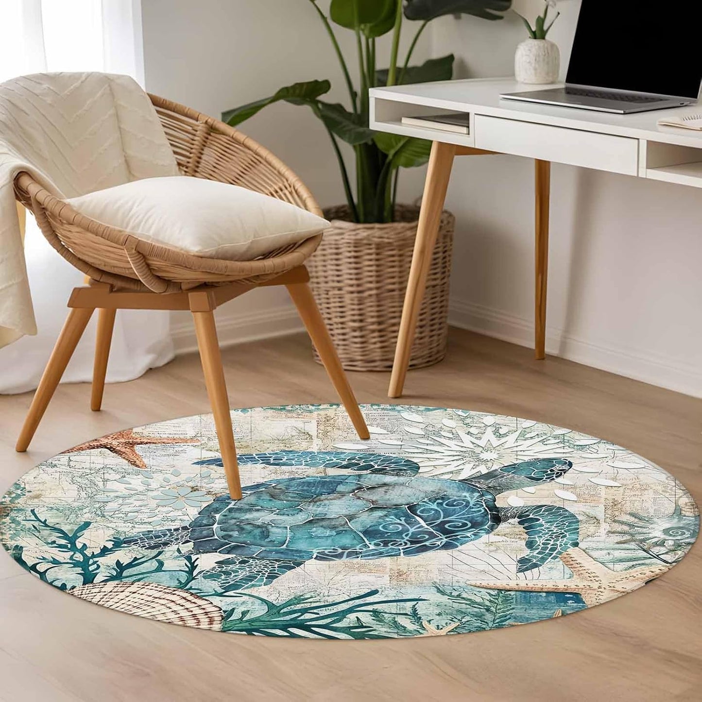 Libaoge Round Area Rugs 3 ft Indoor Aloha Mats Sea Turtle Ocean Animal Nautical Map Soft Living Room Bedroom Unique Carpet Woman Yoga Mat Home Decor