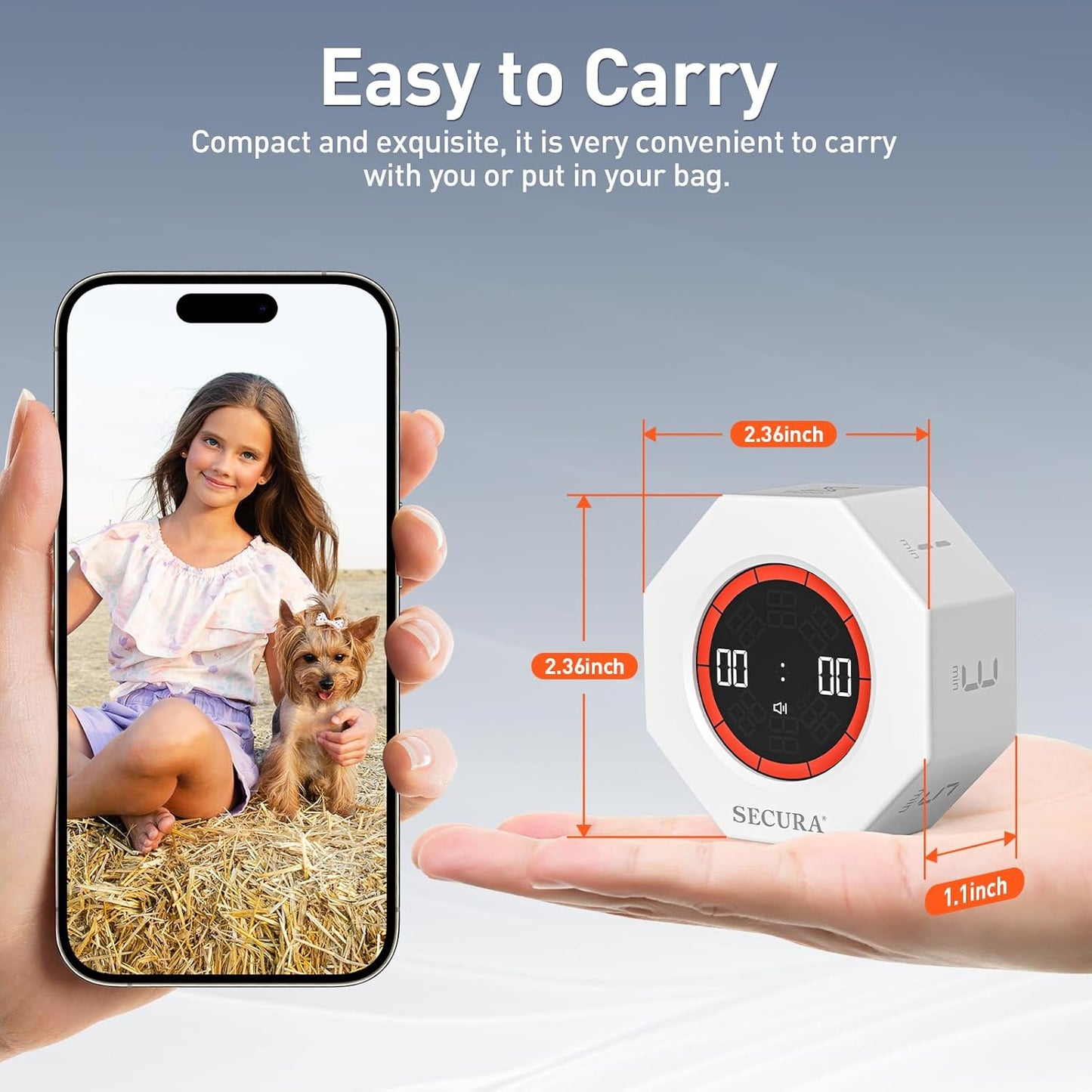Secura Pomodoro Timer, Rotating Cube Time Tracker, Flip Gravity Sensor with 7 Presets(1/3/5/10/15/30/60 Min), Visual Progress Bar for ADHD, Kids, Tasks, Work, Study (White)