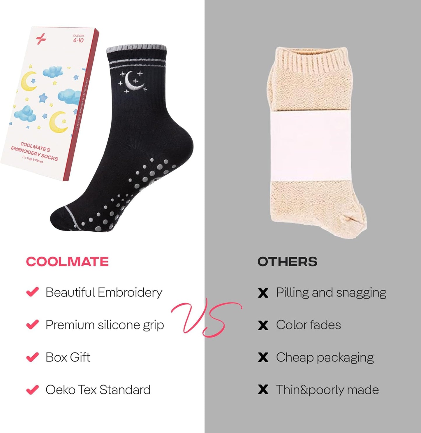 COOLMATE Pilates Socks with Grips for Women, Yoga Socks, Crew Non Slip Women for Barre, Pilates Gifts for Women - Colors B