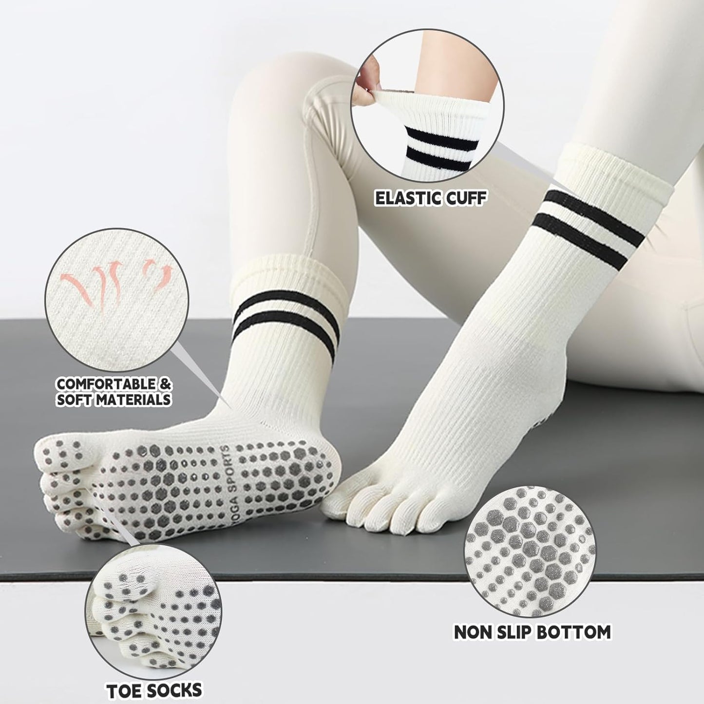 Pilates Socks for Women, Non Slip Yoga Five Toe Grippy Socks for Hospital Barre Sticky Gym Slipper Socks 4 Pairs