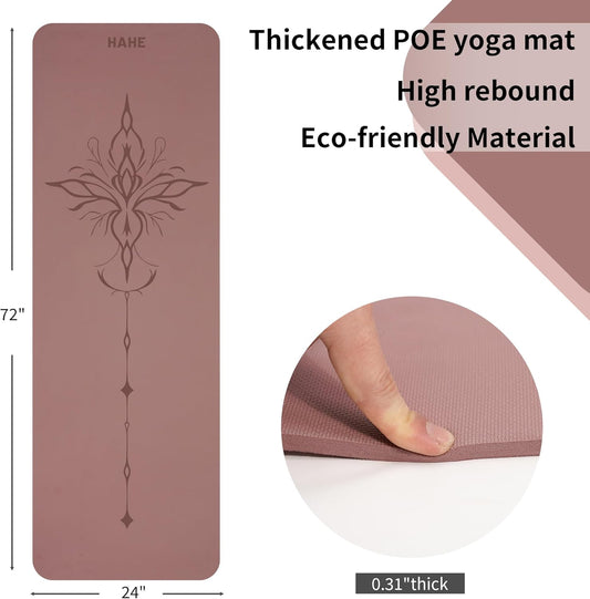 HAHE Yoga Mat Thick (8MM,1/3"), Eco-Friendly POE Non Slip Yoga Mat, High Rebound & Shock Absorption, Anti-Tear & Sweat-Resistant for Yoga, Fitness, Home, Workouts, Large Pilates Mats 72"x24" with Carrying Strap (Dark Pink)