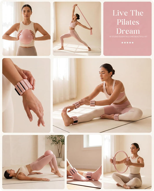 Pilates Equipment Kit for Home Workout, 16 pcs Pilates Kit With Weights for Women, Pilates Ring Set, Pilates Ball Accessories Kit, Grip Socks, Home Pilates Workout Kit, Pilates Set Equipment
