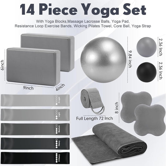 Simgoing 14 Pcs Yoga Kits for Home Workouts Pilates Equipment Set for Women Beginners, Hot Yoga Towel Blocks Strap, Knee Pad, Resistance Loop Exercise Band, Massage Lacrosse Ball, Pilates Ball