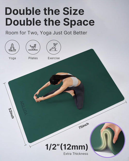 Large Yoga Mat (75 * 52 * 1/2inch),Extra Wide TPE Exercise Mat,Non-Slip Workout Mat for Pilates, Fitness, Barefoot, Home Gym Studio with Strap and Towel