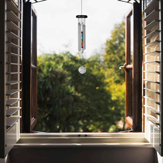 Woodstock Wind Chimes for Outside, Outdoor Decor, Outdoor and Patio Decor, Porch Decor, Meditation, Yoga, Awareness, Relaxation, 17" Woodstock Chakra Chime Seven Stones (CC7)