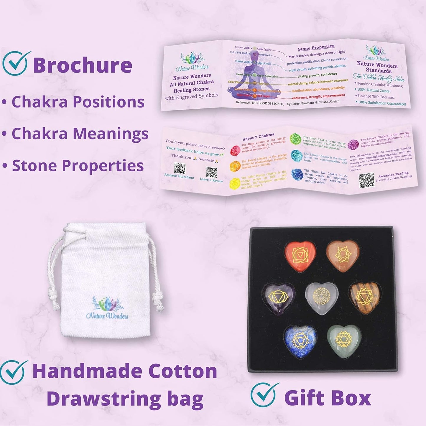 Uorbeay NatureWonders All Natural 7 Chakra Stone Set (Pyramid) with Engraved Symbols (Gift Box, Information Brochure & Pouch) - Healing Crystals, Balancing, Tumbled Palm Stone, Touchstone, Meditation