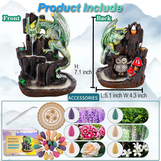 Dragon Backflow 2 Sided Mountain Waterfall Incense Burner,Fountain Smoke Incense Holder with Backflow Incense Cones, Tweezers, Mat,Resin Aromatherapy Meditation (Green)