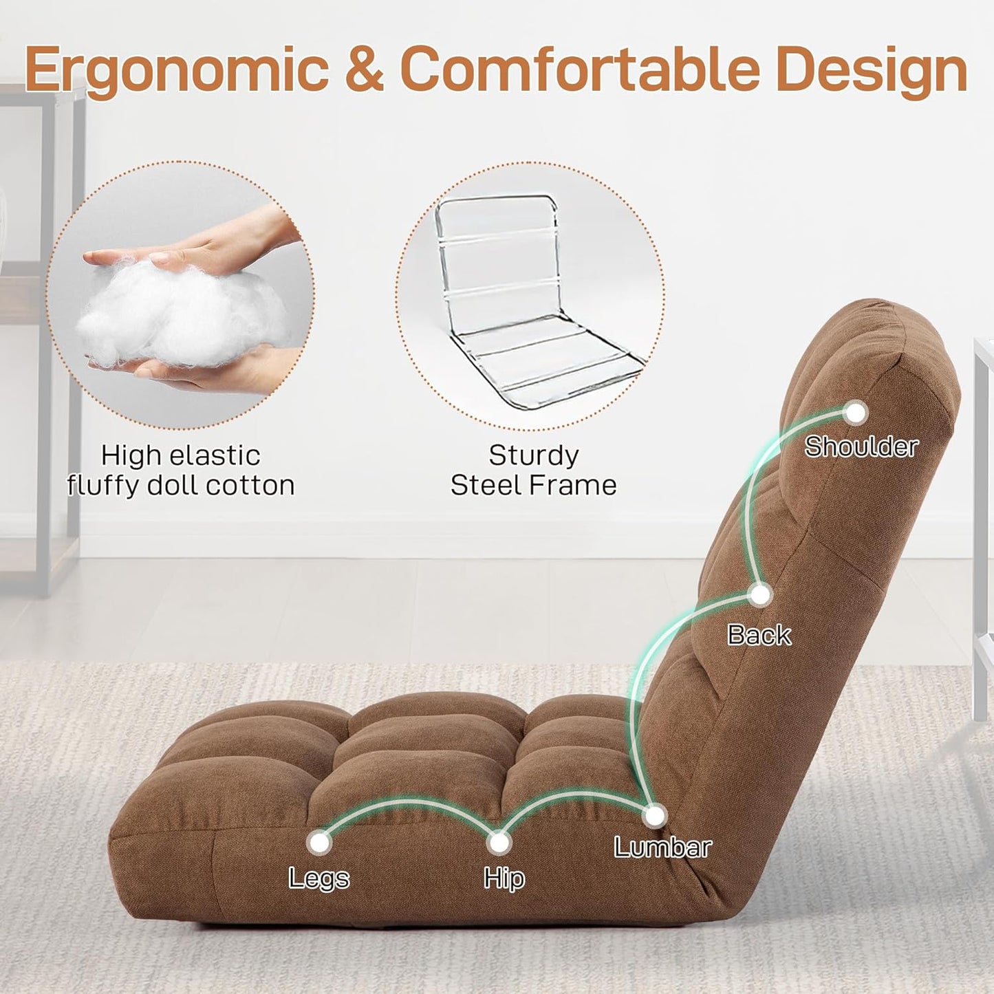 Floor Chair with Back Support Folding Chair with 6 Adjustable Position, Padded Sleeper Bed, Floor Gaming Chair, Meditation Chair for Adults