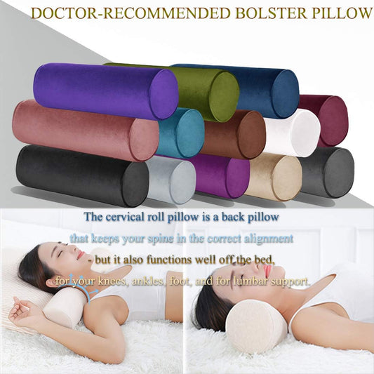 Memory Foam Roll Pillow for Knee/Leg/Neck - Full Moon Bolster/Round Cylinder Pillow for Sleeping on Side or Back - Removable Cooling Cover Length 18" x 6" Diameter (Gray Pink)