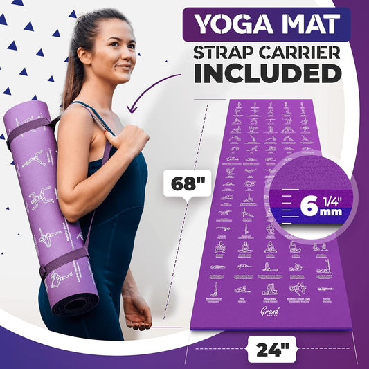 Instructional Yoga Mat with Carrying Strap: Cute Yoga Mat with 75 Illustrated Yoga Poses + 75 Easily-Followed Stretching Exercises - 1/4” Thick, Non-Toxic, Non-Slip Yoga Mats for Women and Men