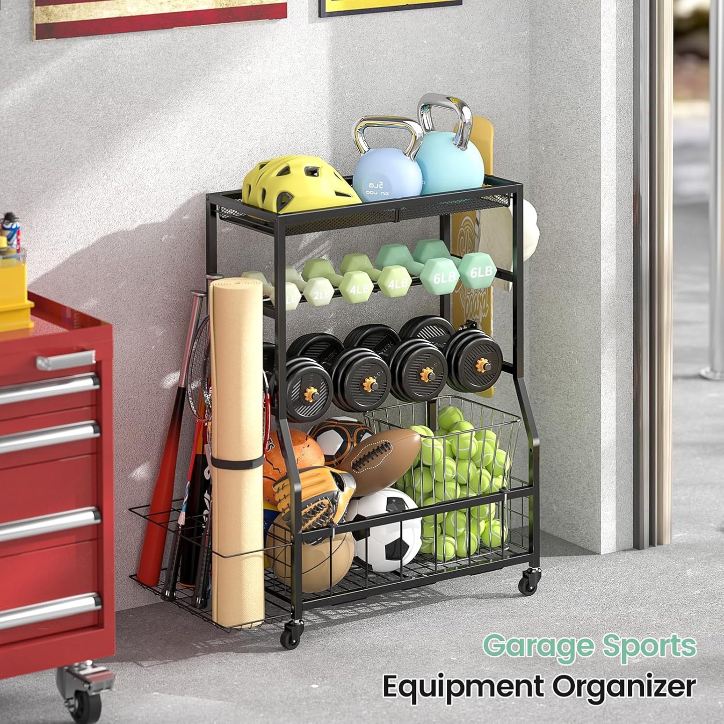 Home Gym Storage Rack, Dumbbell Rack with Yoga Mat Storage, Weight Rack Stand with Lockable Wheels and Hooks, Home Workout Equipment Organizer for Yoga, Dumbbell, Kettlebells, Ball Storage