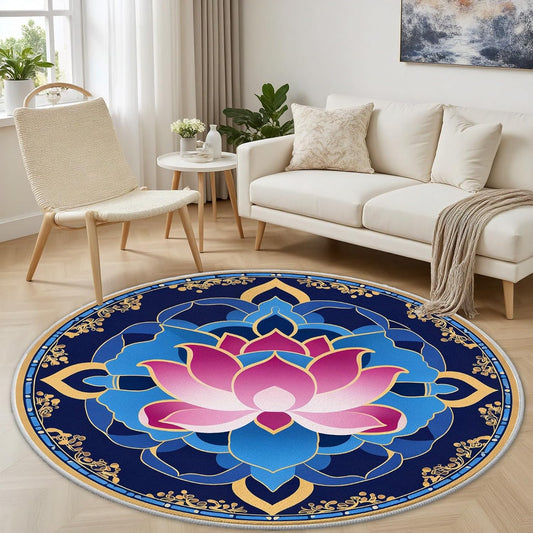 Lotus Flower Small Round Rug 3.3ft Gold Lotus Circle Rug Watercolor Circle Carpet Vintage Area Rugs for Bedroom, Washable Non-Slip Non-Shedding Round Carpet