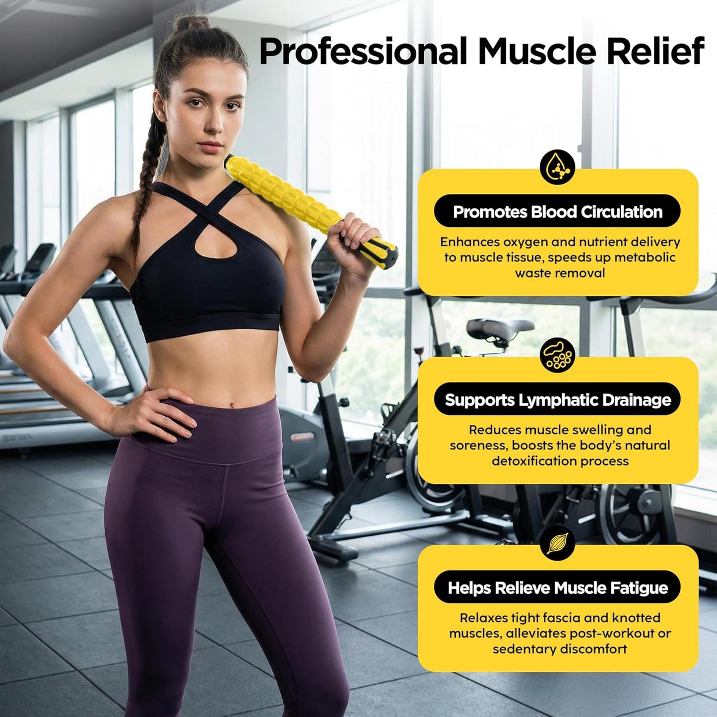 Muscle Roller Massage Roller Stick- Deep Tissue Fascia Blaster for Myofascial Pain Relief, Lymphatic Drainage & Body Sculpting, Handheld Physical Therapy & Recovery Tool (Gray black-18 inch)