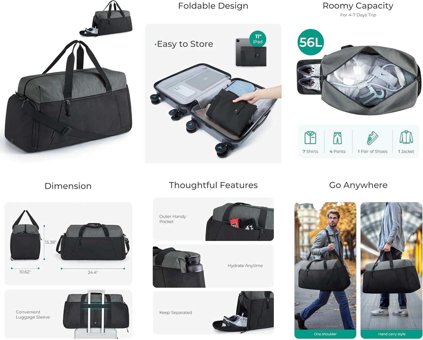 BAGSMART Gym Bags for Men Women, Foldable Travel Duffle Bag, Lightweight Weekender Duffel Bag With Shoe Compartment, Water Resistant Workout Duffle Sports Bag for Travel Yoga, Army Green