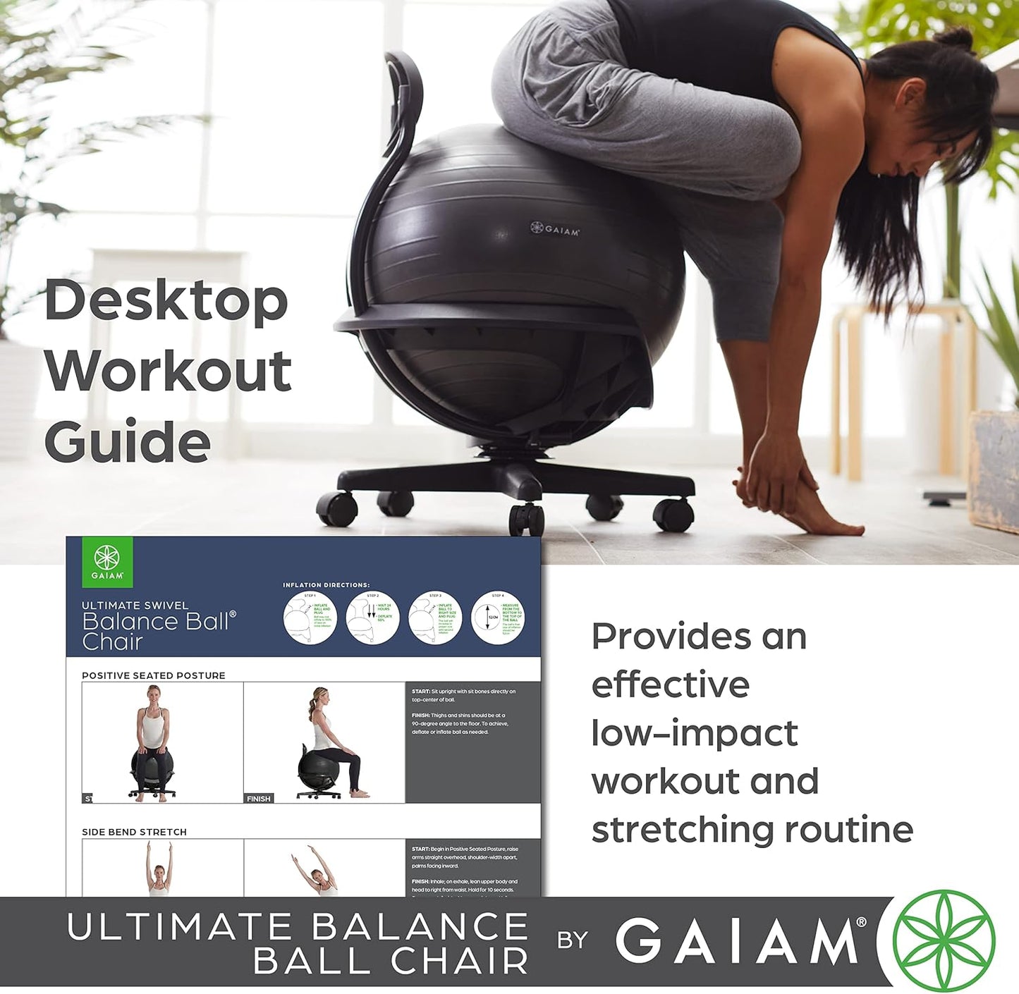 Gaiam 610-6002RTL Balance Ball Chair - Classic Yoga Ball Chair with 52cm Stability Ball, Pump & Exercise Guide for Home or Office, Black