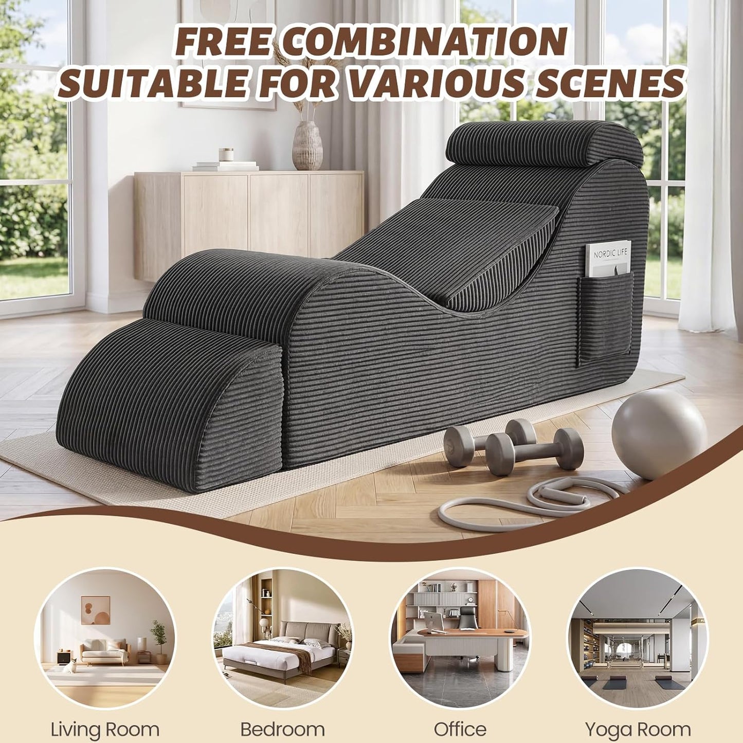 Yoga Chair Lounge for Adult, Ergonomic Foam Chaise Lounge Chair Indoor with Side Pocket, Headrest, Waist Pad, Ottoman, Perfect for Stretching, Massage, and Relaxation, No Assembly Required(Black)