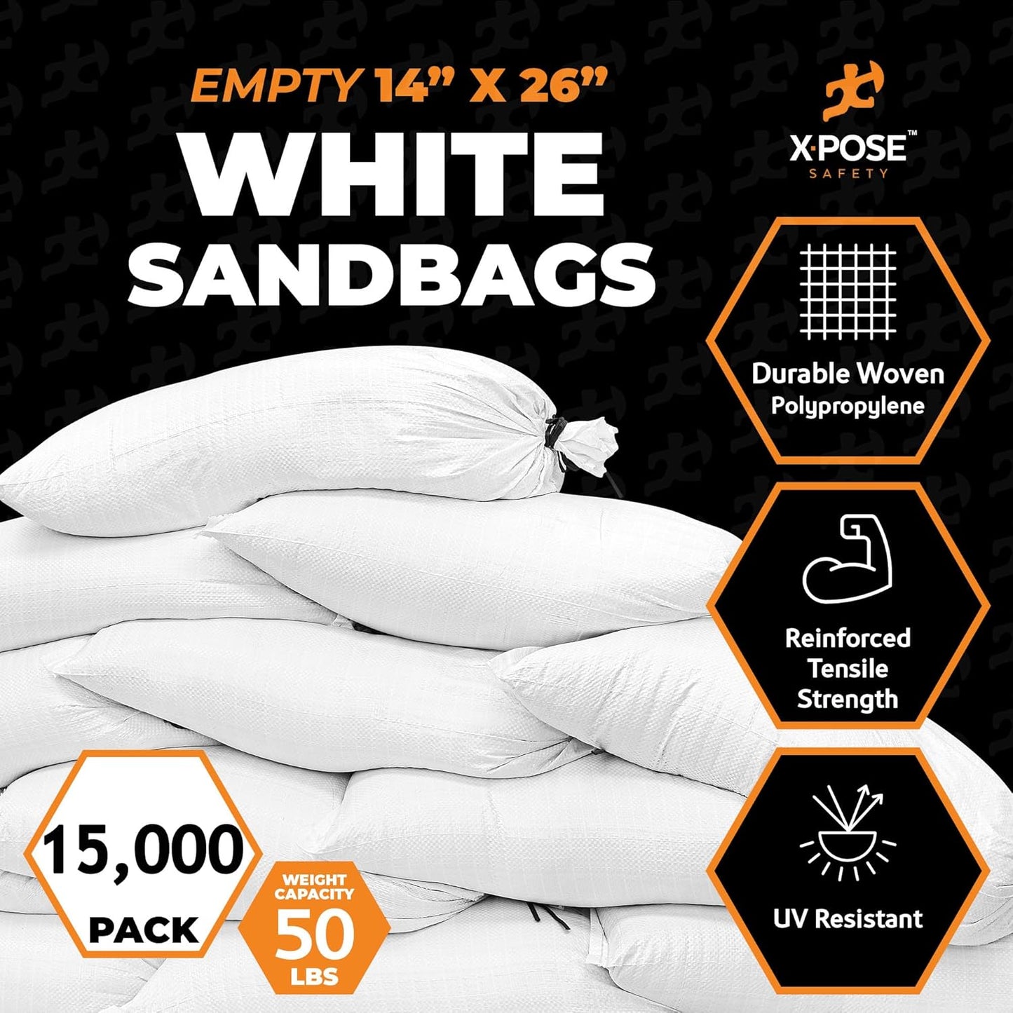 Xpose Safety Heavy Duty Sand Bags with Tie Strings – Empty Woven Polypropylene Sandbags for Hurricane Flood Protection, 50 lb Capacity, 14" x 26", White, Pack of 10