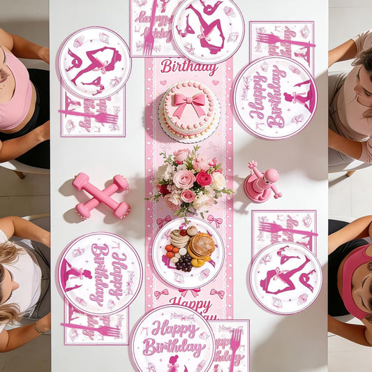 96 Pcs Pilates Yoga Birthday Party Decorations Pink Bow Yoga Pilates Plates and Napkins Disposable Sports Fitness Theme Tableware Set for Women Girls Gym Birthday Baby Shower Party Supplies Serves 24