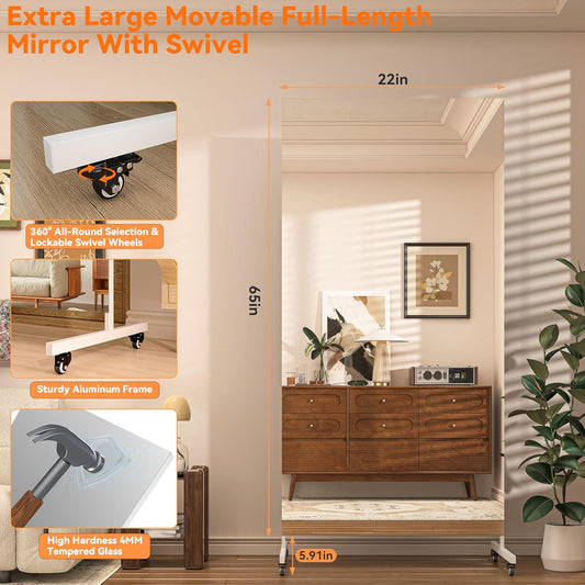 Hasipu Home Gym Mirror with Light 360° Swivel on Wheels, 79" x 32" Extra Large Full Length Rolling LED Mirror for Yoga Studio, Bedroom, Dancing Studio, White