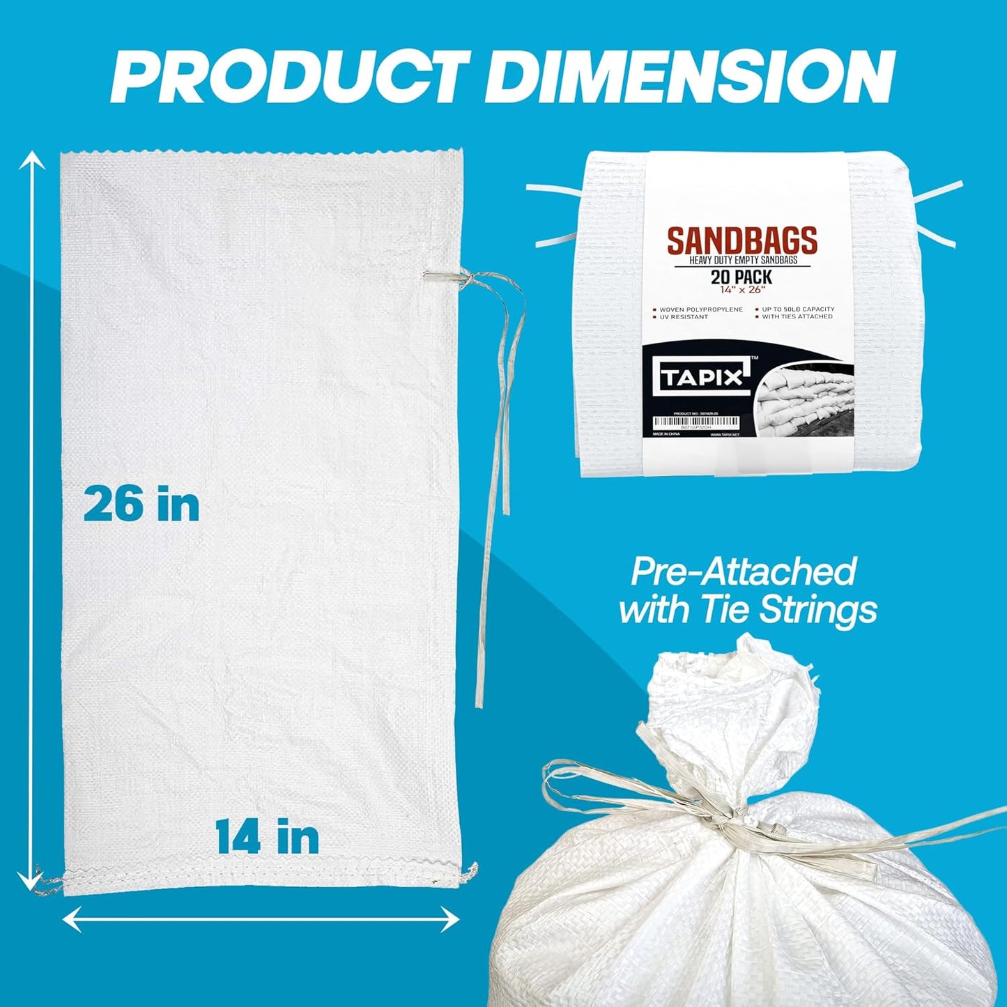 Sand Bags with Ties 14" x 26" - Sand Bags for Flooding, Woven Polypropylene Sandbags, 50 lbs Capacity, 14x26 inches, White