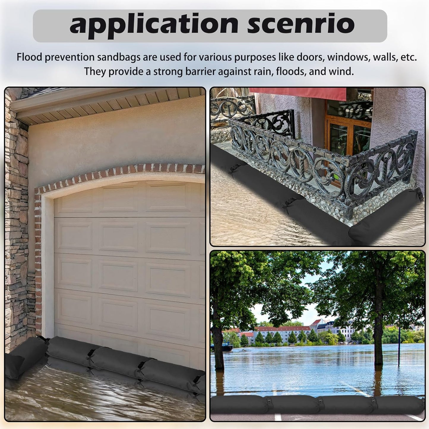 8 Pcs Flood Water Sand Bags Waterproof Sandbags Barrier Reusable Sand Bags with Insert Buckle Flood Protection for Home Door Window Basement Garage Rain Water Control, 28 x 11 Inch(Black)