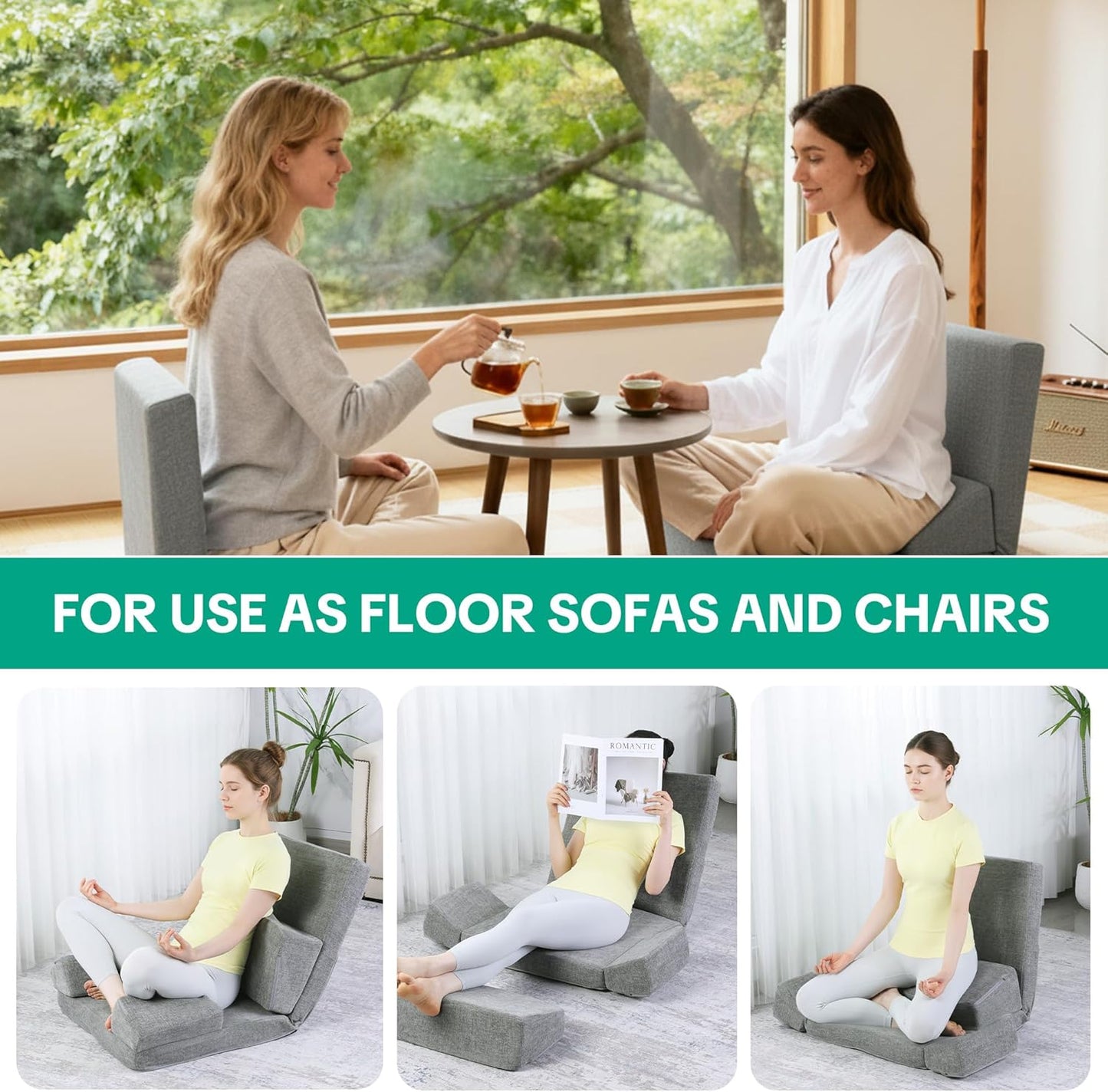 HOMBYS Pro Meditation Cushion Set with Adjustable Back Support, Large 3-in-1 Floor Sitting Chair for Yoga & Meditation, Extra Thick Yoga Pillows for Adults with Knee Support, Grey