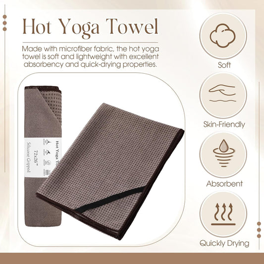 Hahafelt 3 Pack Hot Yoga Mat Towel Non Slip Microfiber Pilates Towel with Grip Dots & Elastic Straps, 72" x 26" Absorbent Sweat Anti-Slip Hot Yoga Gym Mat for Fitness Workout(Beige Dark Gray Coffee)