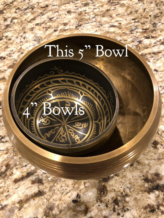 SATNAM 5" Gold Tibetan Meditation Yoga Singing Bowl Set ~Live Fully Now ~ Tuned to B ~ Hand Hammered Antique healing bowl design ~Wood Striker ~ Himalayan bowl for Meditation, hand yoga, and Chakra