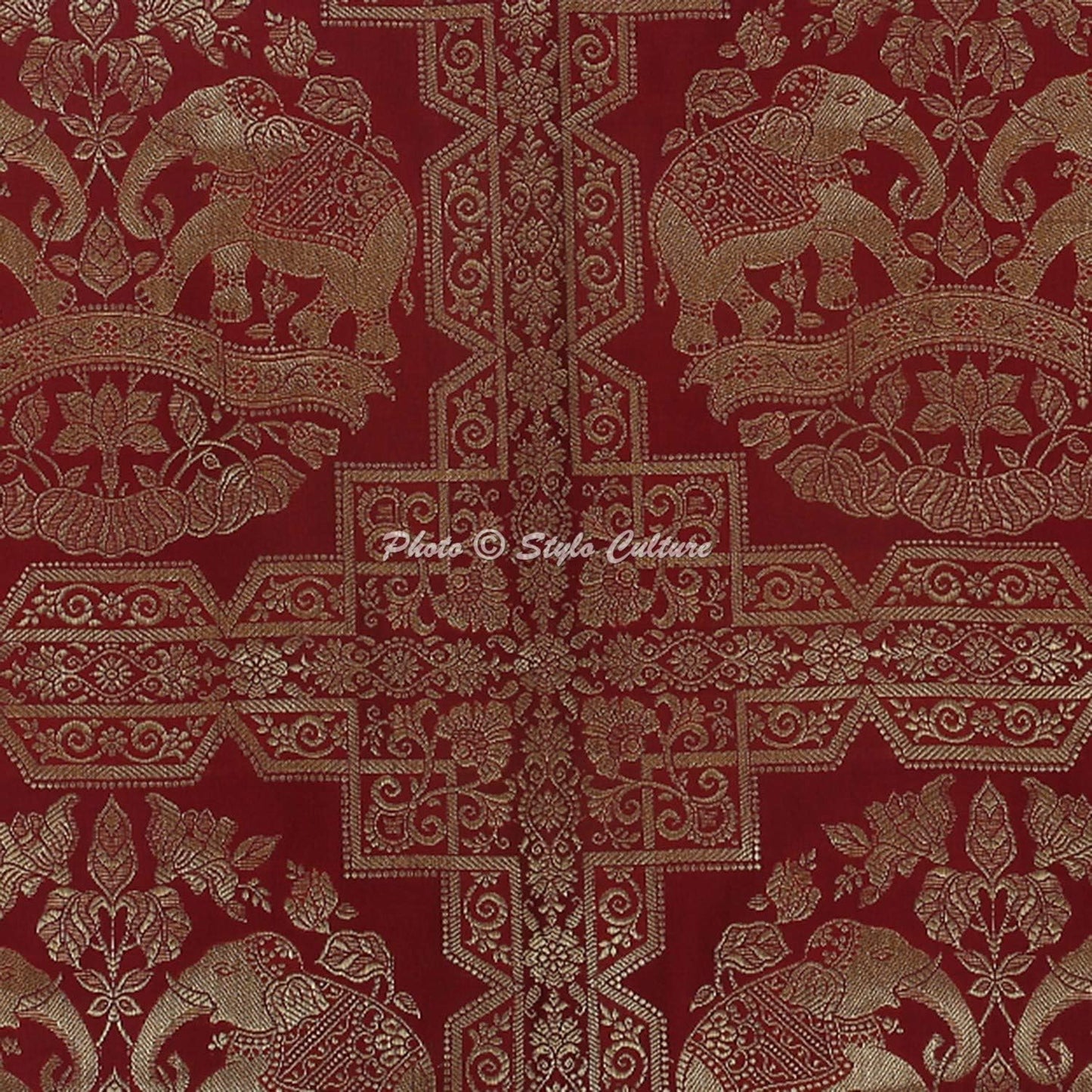 Brocade Silk Jacquard Cylindrical Decorative Bolster Pillow Cover for Bedroom Burgundy Gold Elephant Polydupion Indian Neck Roll Home Decor Banarsi Bolster Case | (1 Pc) | (76x38 cm)